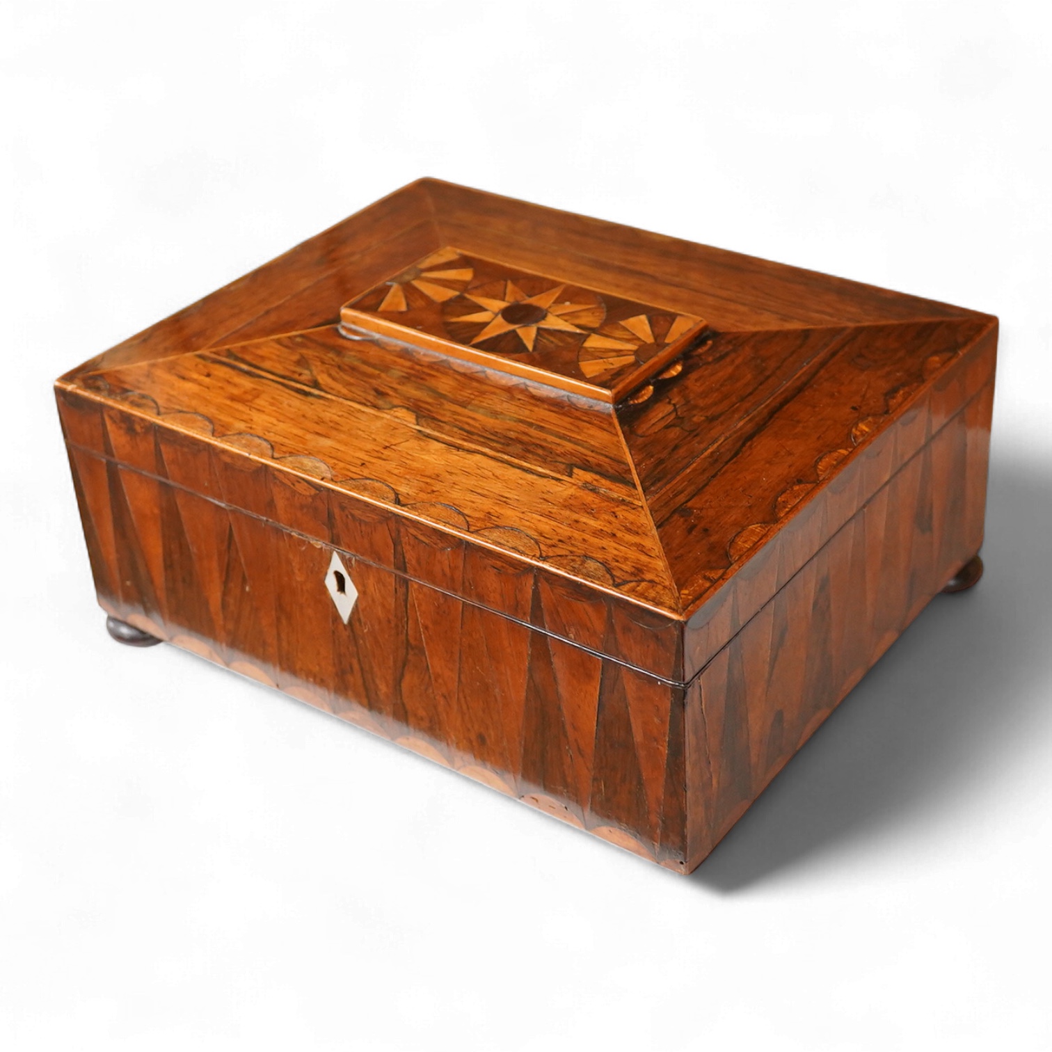 A William IV rosewood and specimen parquetry selling box, 27cm wide x 11.5cm high